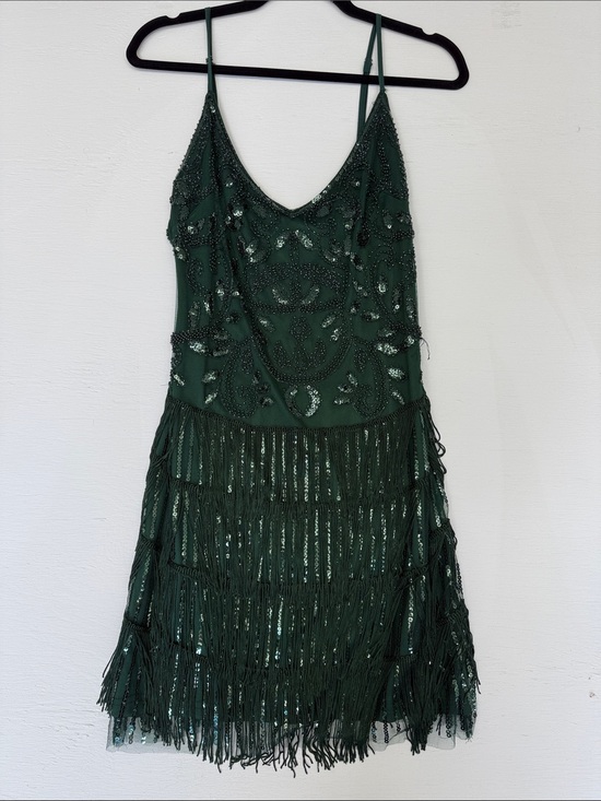 12th Tribe Dresses & Skirts - 🪩NWT Embellished Emerald Green Fringe Slip Dress